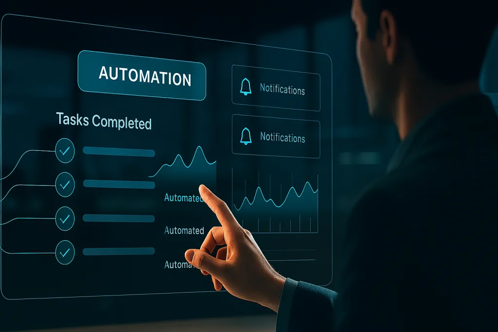 Person interacting with a glowing automation dashboard in a modern office, visualizing AI-powered task completion and notifications.