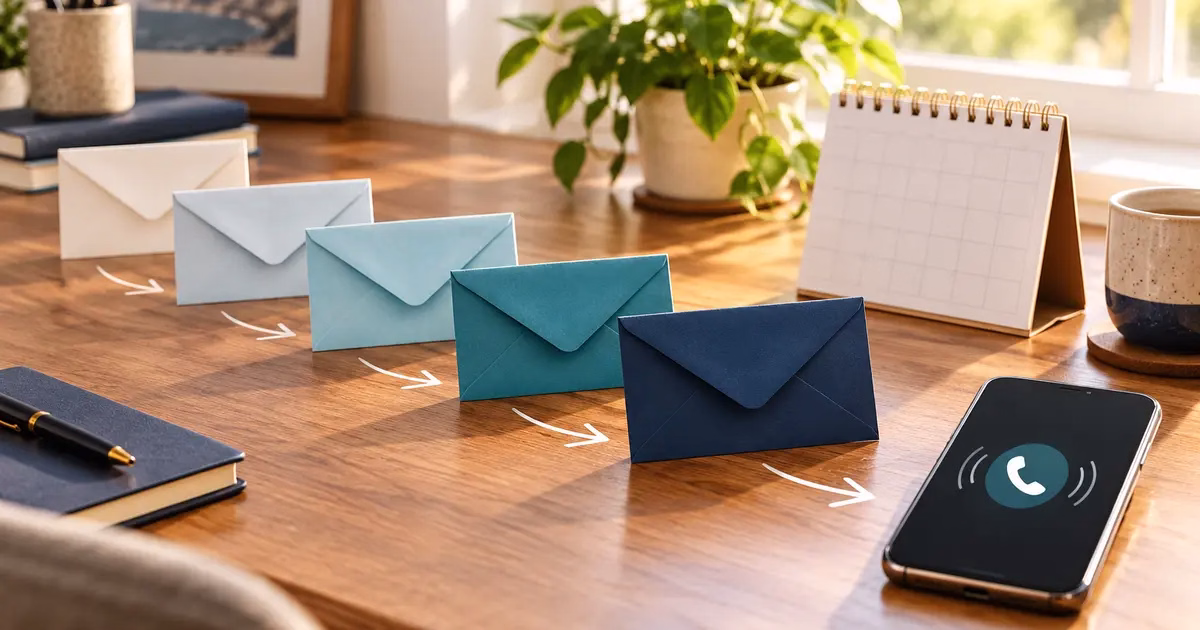 Five envelopes progressing toward a phone and appointment calendar