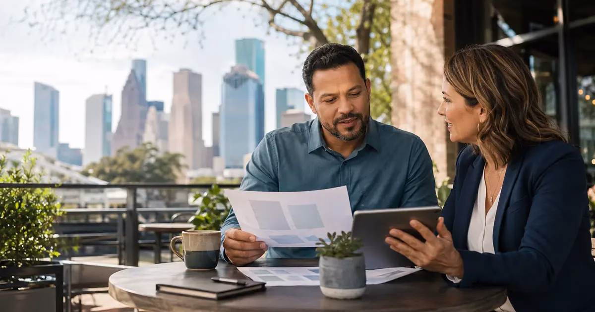 Houston business owner and marketing advisor reviewing a growth strategy with the downtown skyline behind them