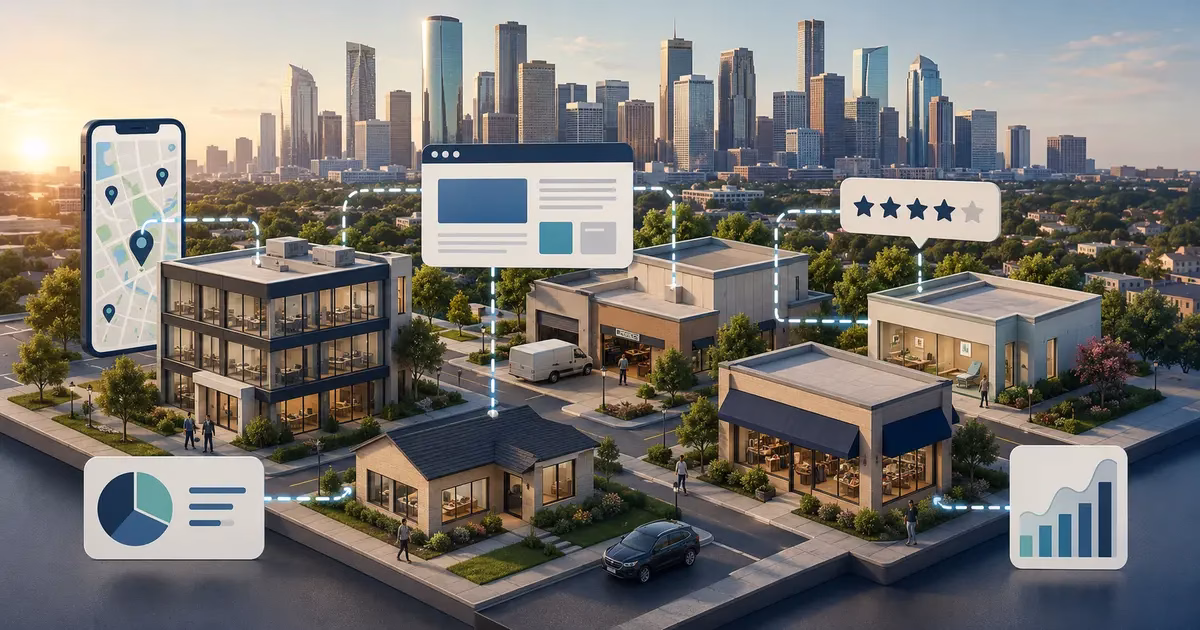 Stylized Houston business district connected by local search, website, review, and analytics elements
