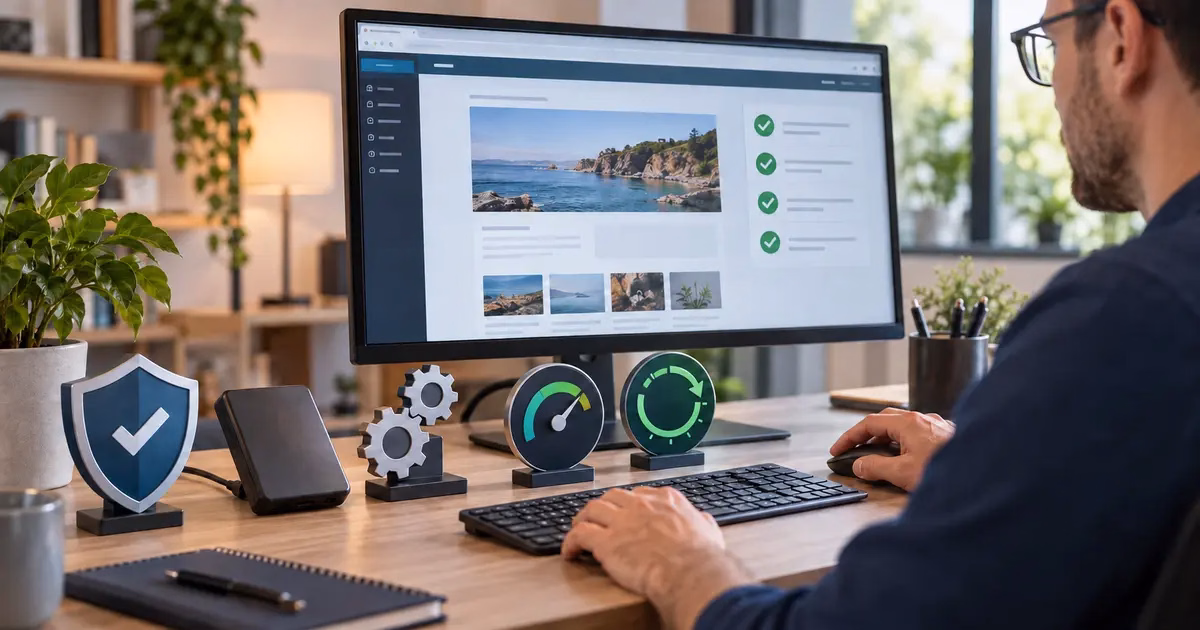 Website technician reviewing security, backups, speed, and uptime indicators